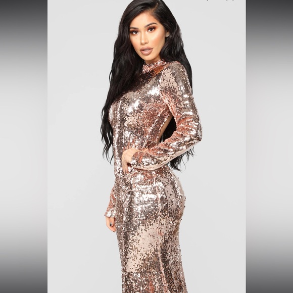 NWT Fashion Nova Practically Famous Sequin full length Dress - Rose Gold size XS - Picture 6 of 12